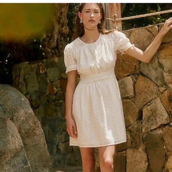 J Crew Cotton Eyelet Button Front Pockets Short Ruffle Sleeve Ivory Mini Dress 4 - Picture 2 of 10